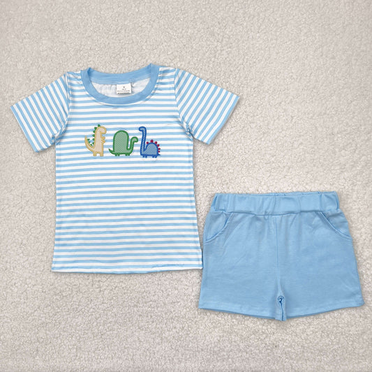 Baby Boy Embroidery Dinosaurs Stripes Shirt Blue Shorts Clothes Set RTS