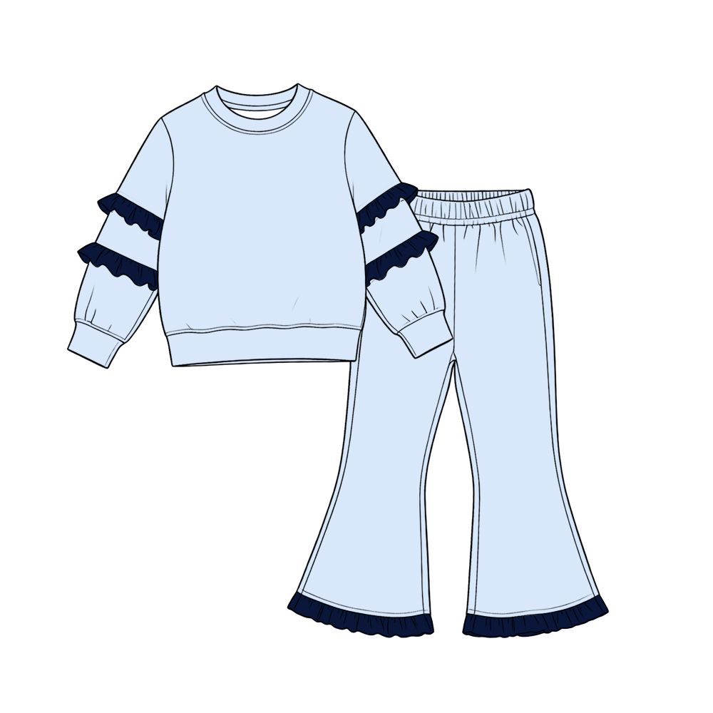 ( Moq 5 ) Preorder Baby Girls Kids Ruffle Shirt Bell Pants Light Blue Set Cotton Clothes
