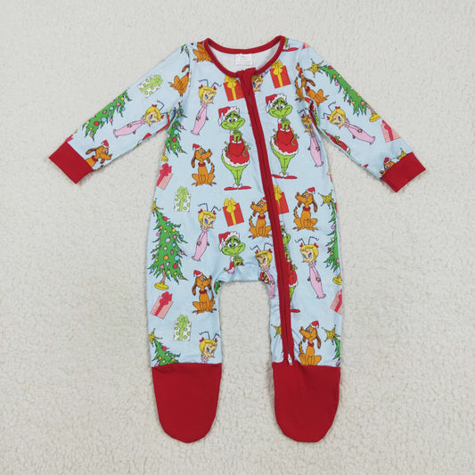 Baby Kids Infant Long Sleeves Dogs Green Face Christmas Zipper Sleepwear Romper RTS