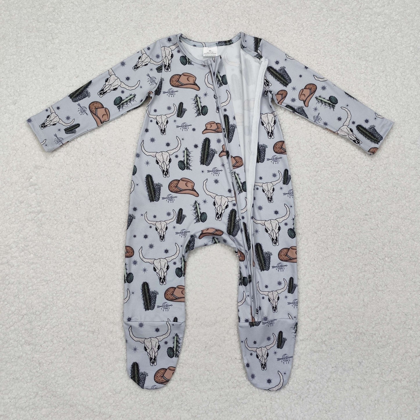 Baby Boy Long Sleeves Western Cow Cactus Zipper Footie Romper