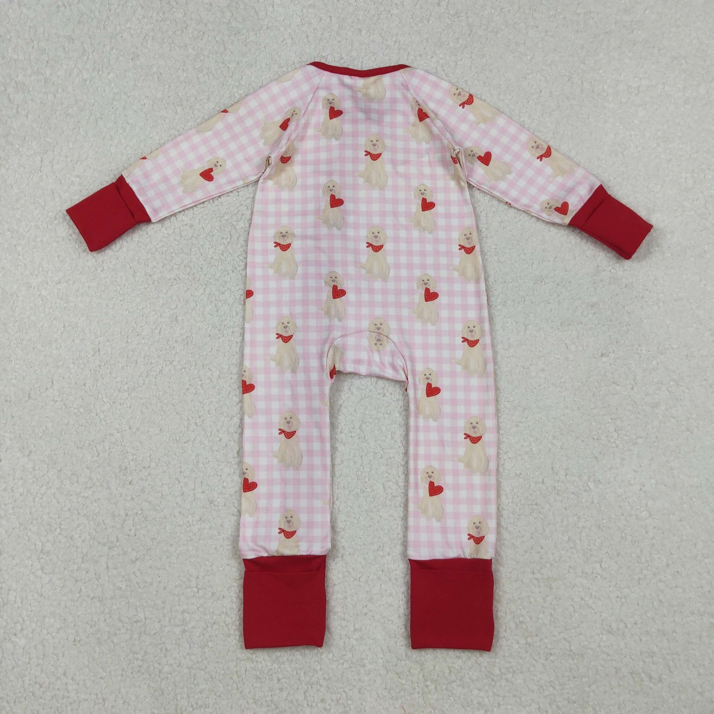Baby Infant Girls Dogs Hearts Plaid Valentine's Day Zipper Footie Sleeper Romper RTS