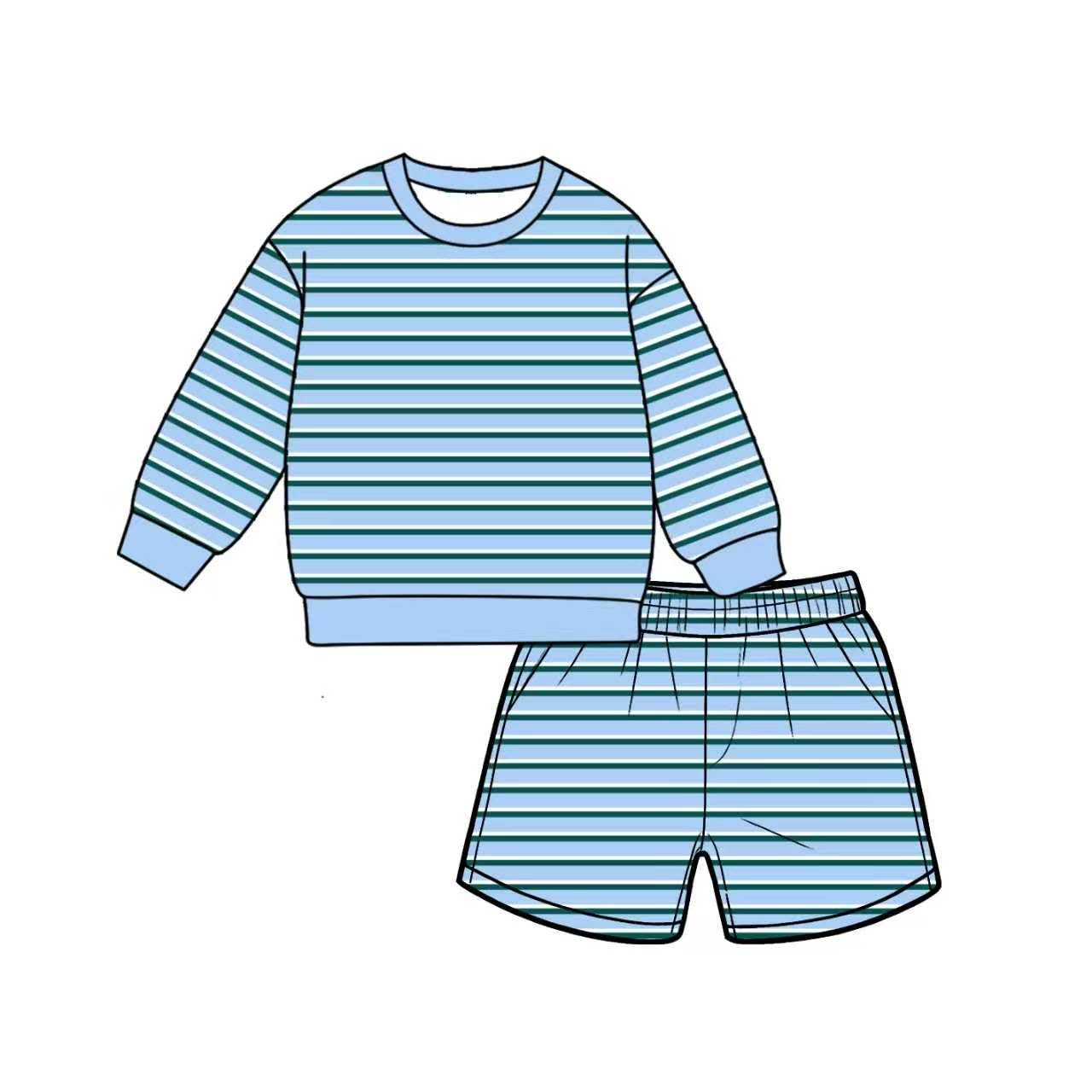 ( Moq 5 ) Preorder Adult Women Long Sleeves Shirt Pockets Stripes Shorts Yoga Active Blue Set\