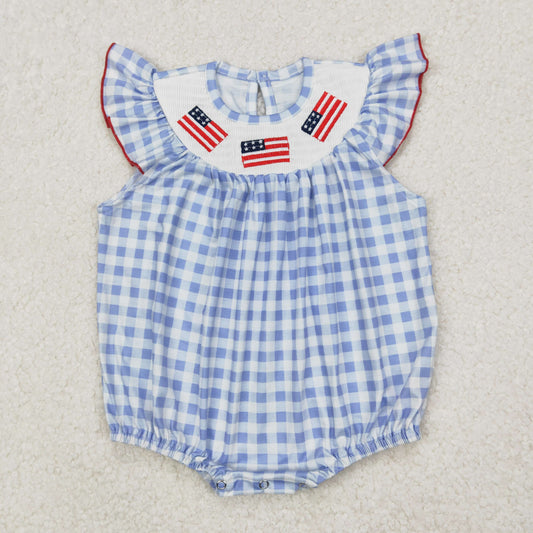 Baby Girl Infant July 4th Embroidery Flags Blue Checked Smocked Bubble Romper RTS