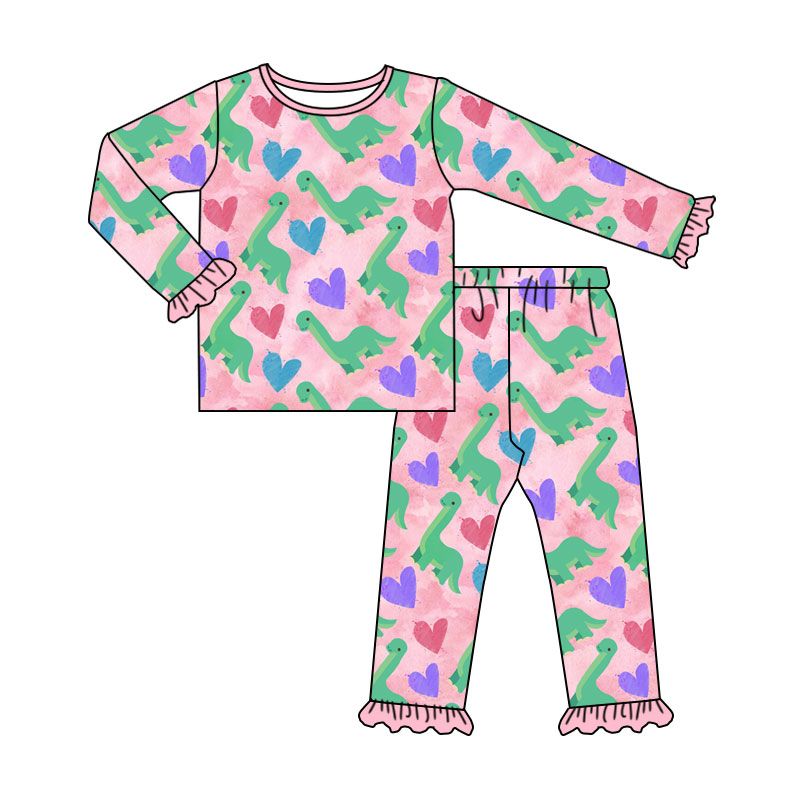 ( Moq 5 ) Preorder Baby Girls Kids Long Sleeves Dinosaurs Hearts Shirt Pants Valentine Set Pajamas Clothes