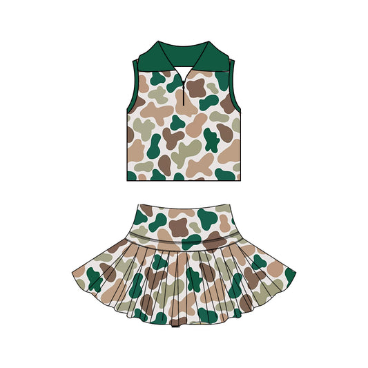 ( Moq 5 ) Preorder Baby Girls Kids Sleeveless Zipper Camo Shirt Skirt Shorts Yoga Green Set