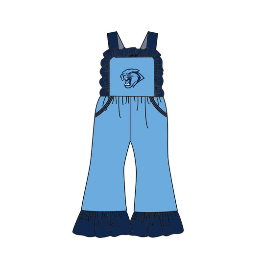 Baby Girl Straps Team Pockets Ruffle Pants Blue Jumpsuit ( Moq 5 )