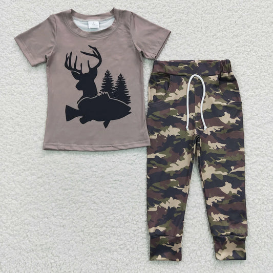 Promotion Baby Boy Short Sleeves Deer Fish Shirt Camo Pants Hunting Outfit RTS