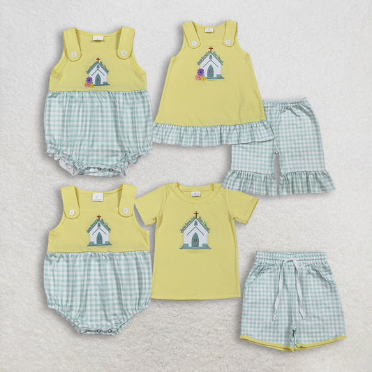 Sibling Baby Boys Girls Embroidery Cross Jesus Green Plaid Easter Rompers Sets RTS