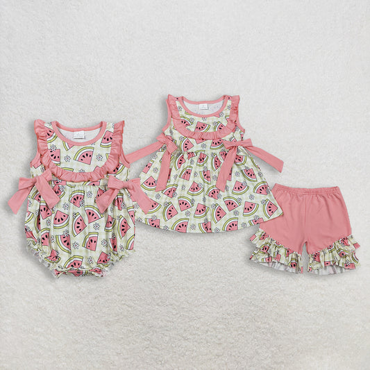 Sibling Baby Girls Kids Sleeveless Watermelon Flower Bows Romper Set Summer Clothes RTS