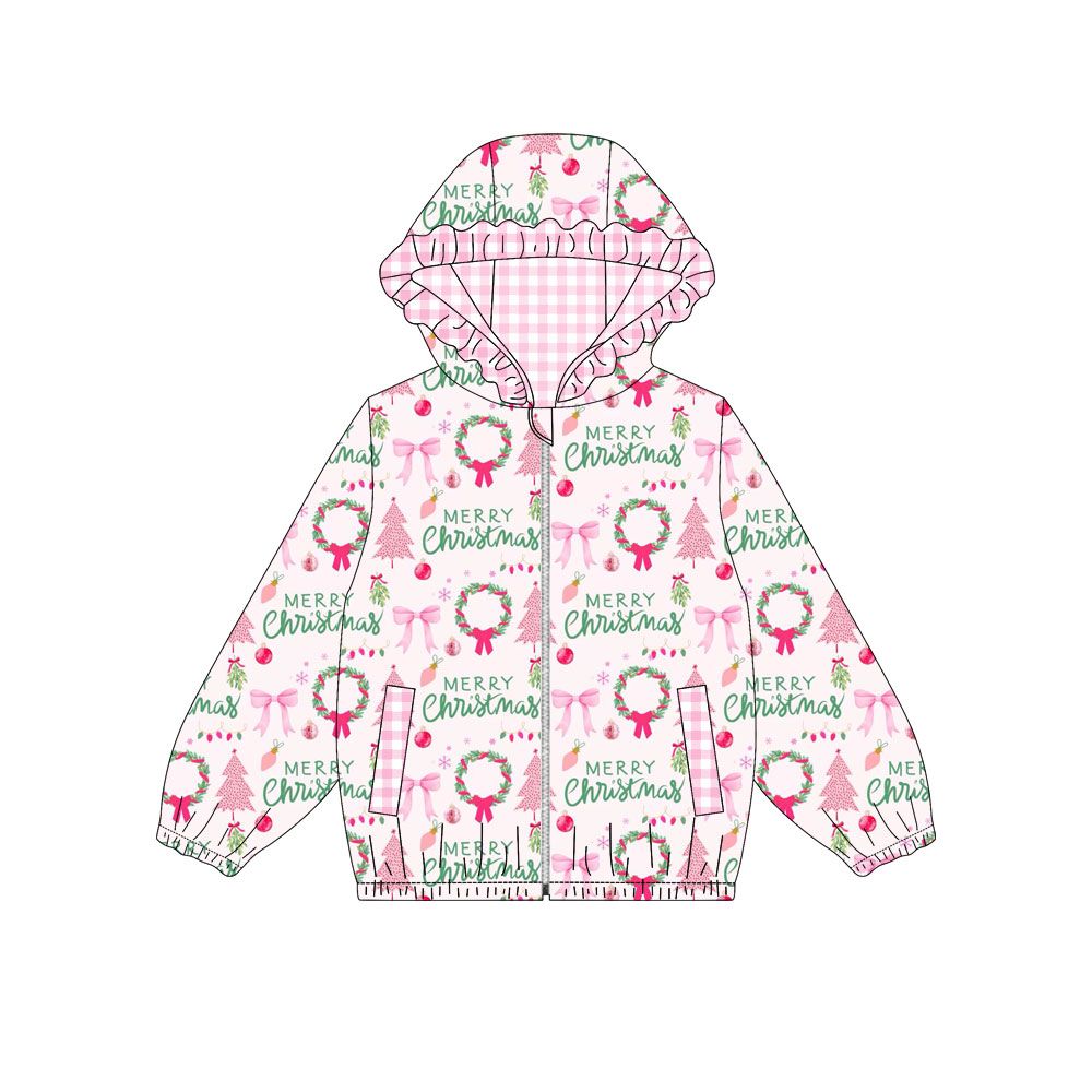 ( Moq 5 ) Preorder Baby Girl Kids Christmas Tree Bows Pockets Zipper Hoodie Jacket Coat Pink Tops