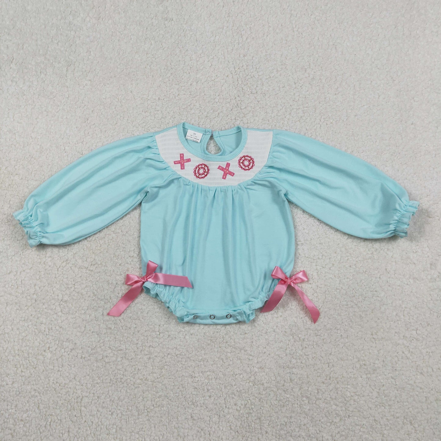 Baby Girls Infant Long Sleeves Embroidery Smocked XOXO Bows Valentines Bubble Romper