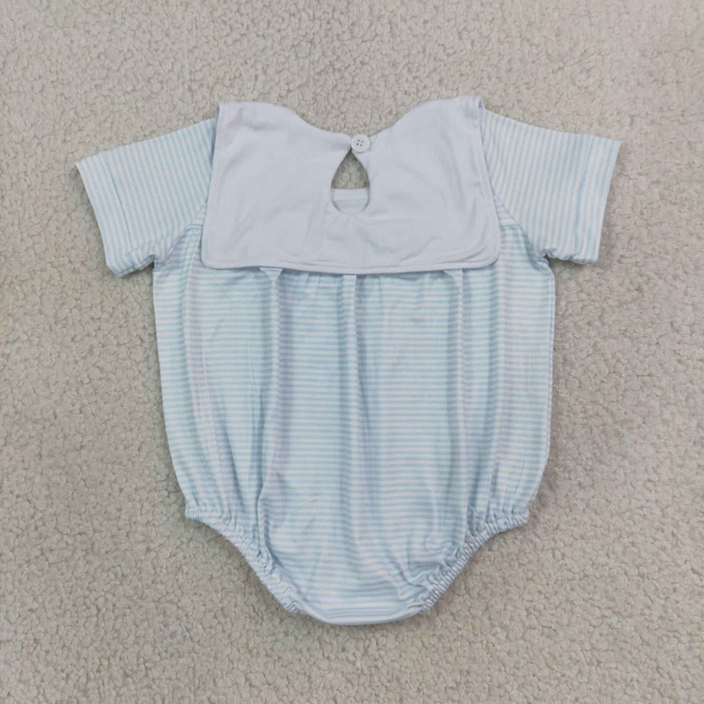 Baby Boys Kids Short Sleeves Embroidery Tractor Farm Blue Stripes Bubble Romper RTS