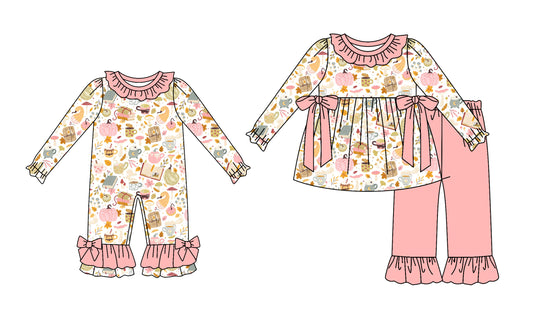 ( Moq 5 Each Style ) Sibling Baby Girls Kids Long Sleeves Pumpkins Bows Pink Romper Set Halloween Clothes
