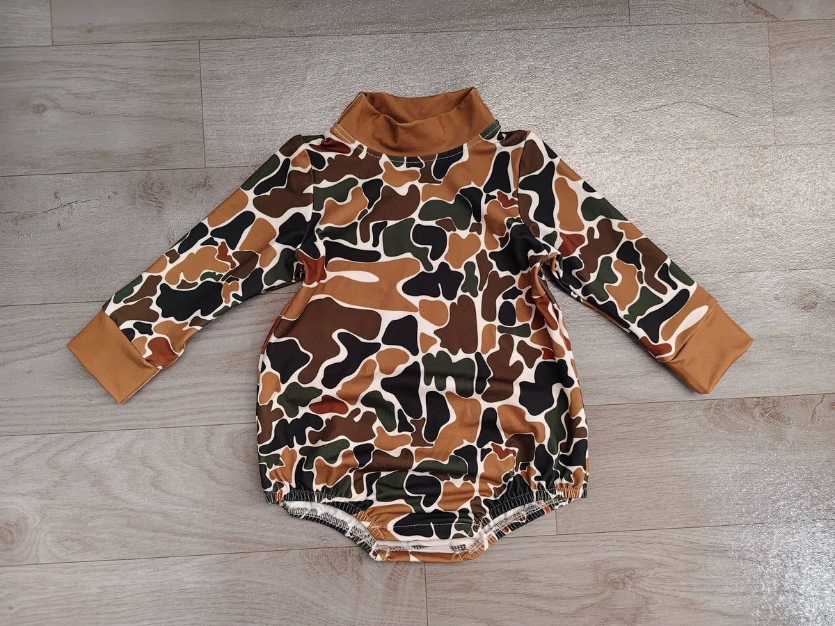 ( No moq ) Preorder Baby Boys Infant Long Sleeves Brown Camo Bubble Romper Clothes