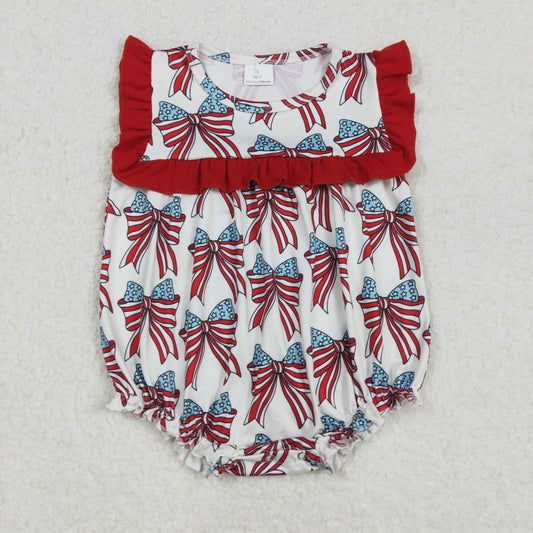 Baby Girl Infant Short Sleeves 4th Of July Bows Bubble Romper RTS