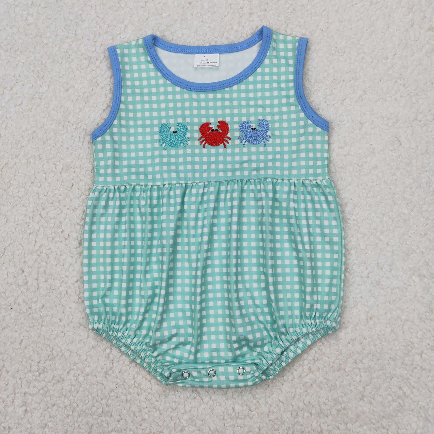 Baby Boy Sleeveless Embroidery Crabs Green Checked Bubble Romper RTS