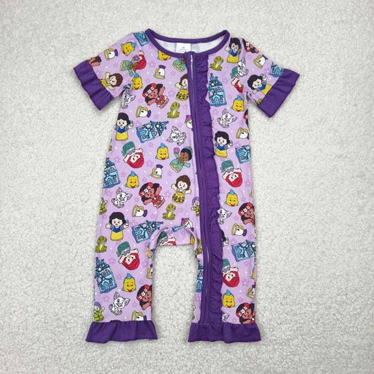 Baby Girl Infant Short Sleeves Cartoon Princess Zipper Purple Romper RTS