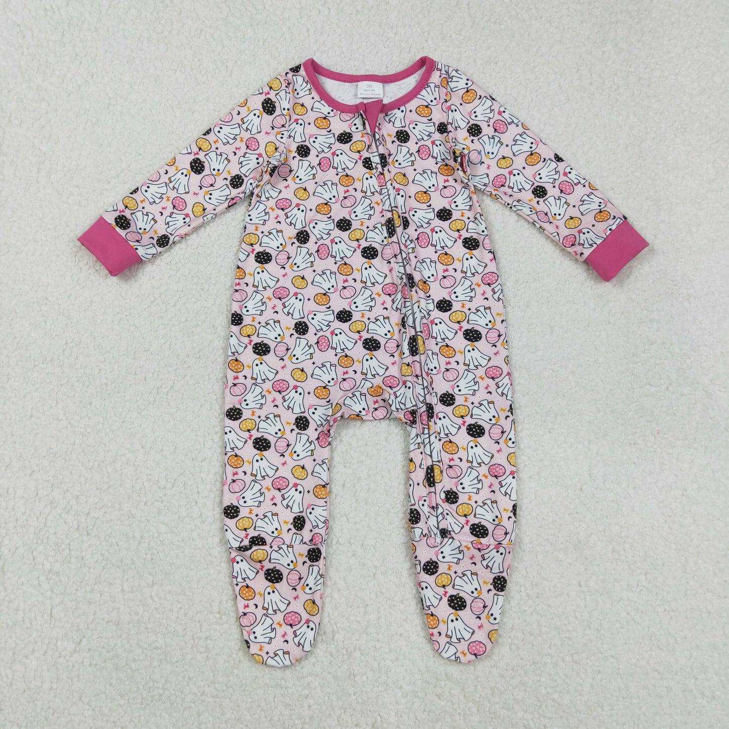 Baby Girl Long Sleeves Halloween Ghost Pumpkins Halloween Pink Zipper Romper RTS