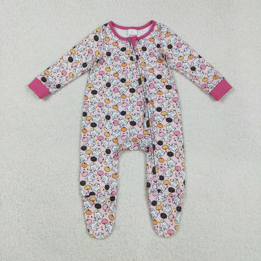 Baby Girl Long Sleeves Halloween Ghost Pumpkins Halloween Pink Zipper Romper RTS