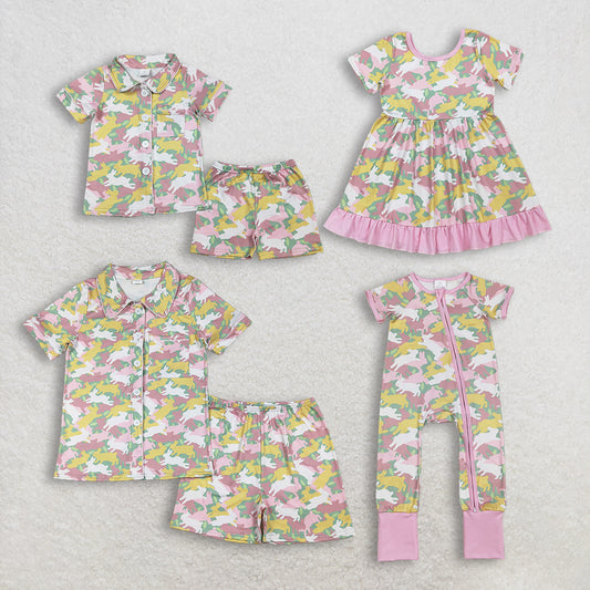 Sibling Baby Girls Adult WomenShort Sleeves Rabbits Camo Easter Romper Dress Pajamas Sets RTS