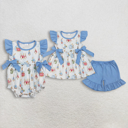 Sibling Baby Girls Short Sleeves Rabbits Blue Bows Easter Bubble Romper Set RTS