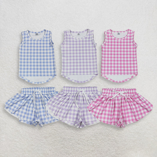 Sibling Baby Girls Kids Sleeveless Plaid Tops Shorts Sets Yoga Active Summer Clothes RTS