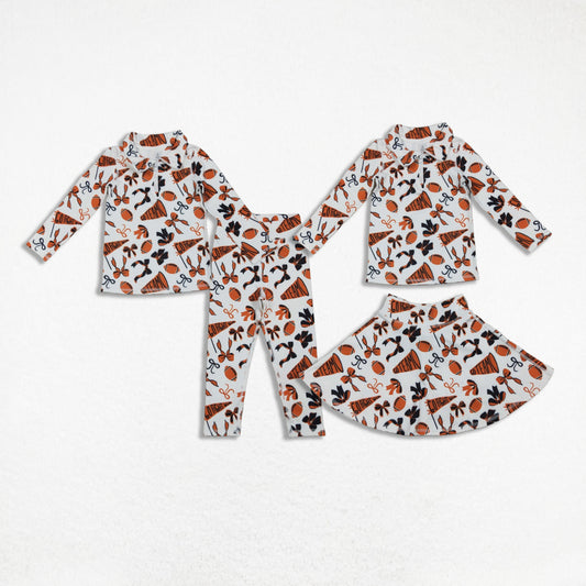 Sibling Baby Girl Orange Football Bows Team Cheer Zipper Shirt Skort Pants Yoga Active Set RTS