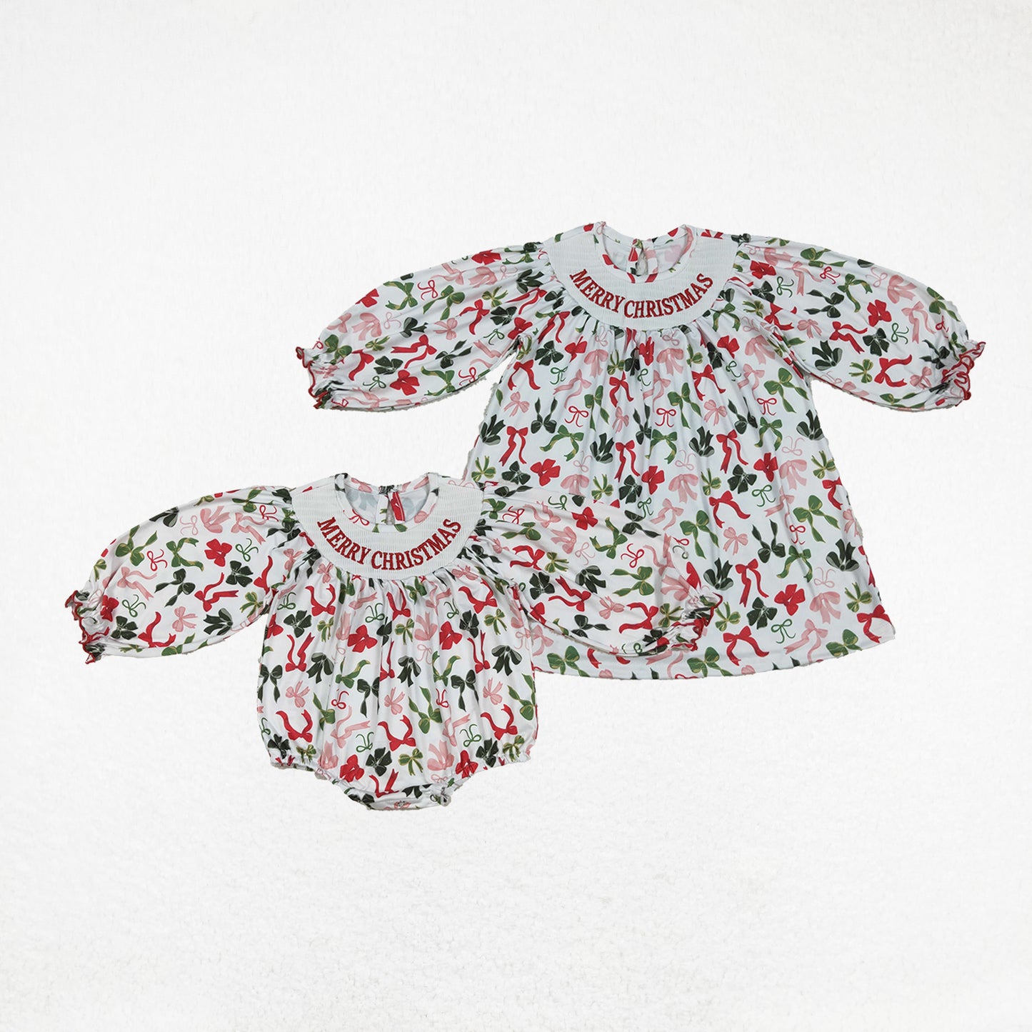Baby Girl Long Sleeves Embroidery Merry Christmas Bows Sibling Smocked Romper Dress RTS