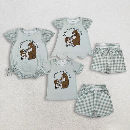 Sibling Baby Boys Girls Kids Short Sleeves Monkey Cartoon Summer Bubble Romper Sets RTS