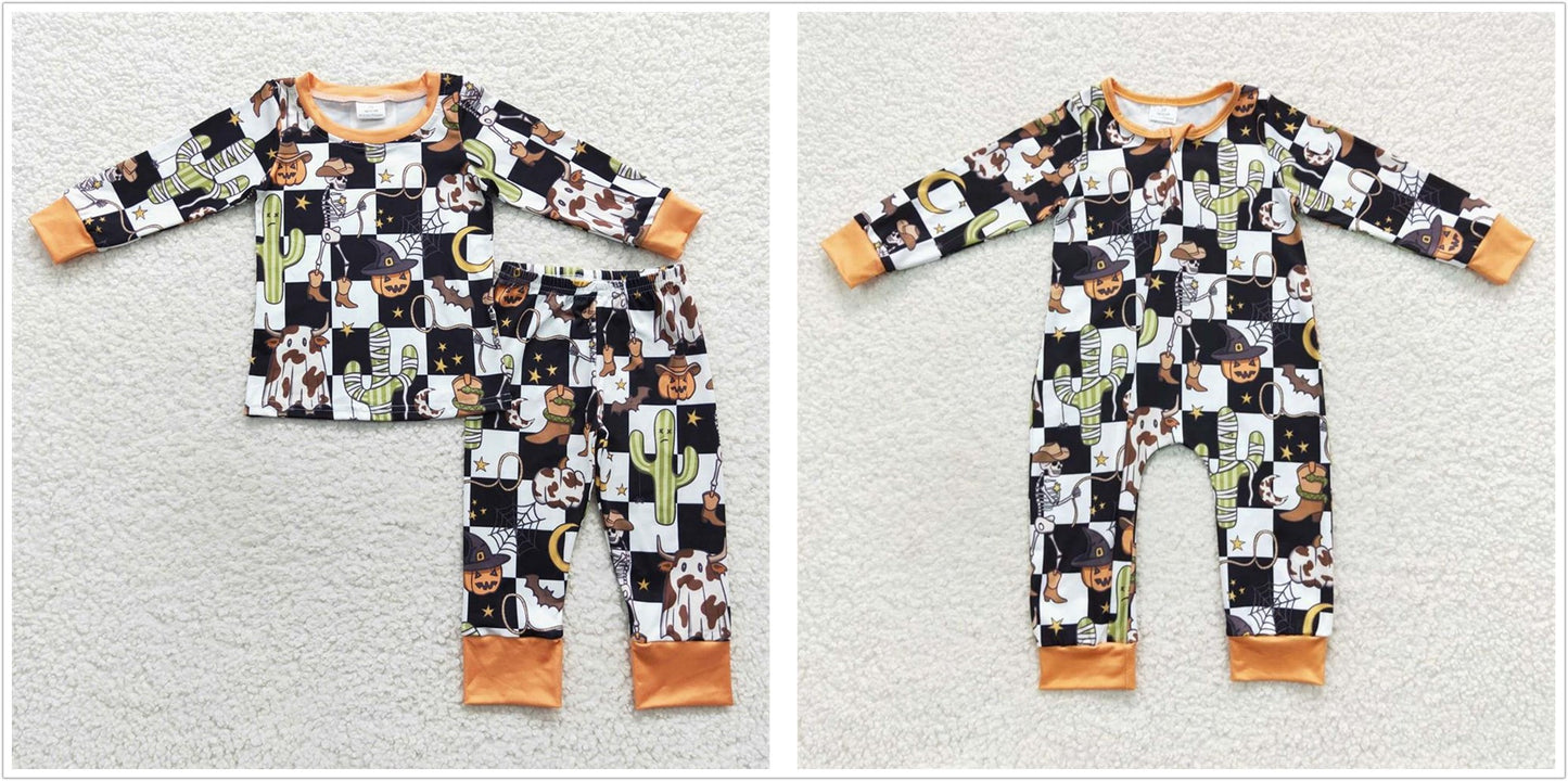 Boys Kids Halloween Cactus Cow Checked Sibling Zipper Romper Set Pajamas Clothes RTS