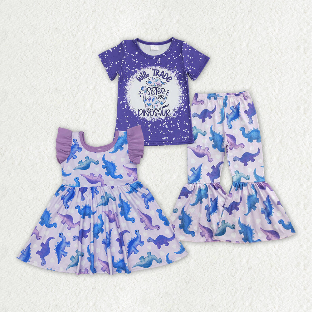 Baby Girl Short Sleeves Purple Dinosaurs Sibling Dress Clothes Set