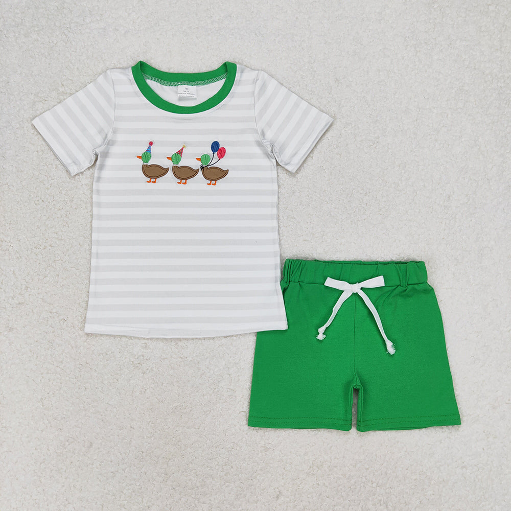 Baby Boy Short Sleeves Embroidery Ducks Shirt Green Shorts Birthday Set