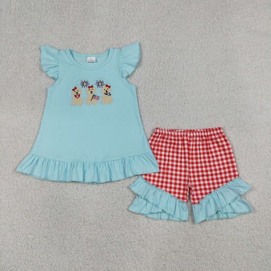 Baby Girls Kids Short Sleeves Embroidery Dogs Flags Tunic Red Plaid Shorts 4th of July Set RTS