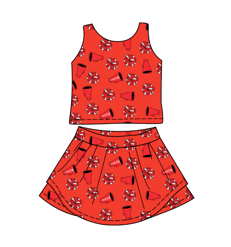Baby Girl Sleeveless Red Team Cheer Shirt Shirt Skirt Shorts Clothes Set Moq 5