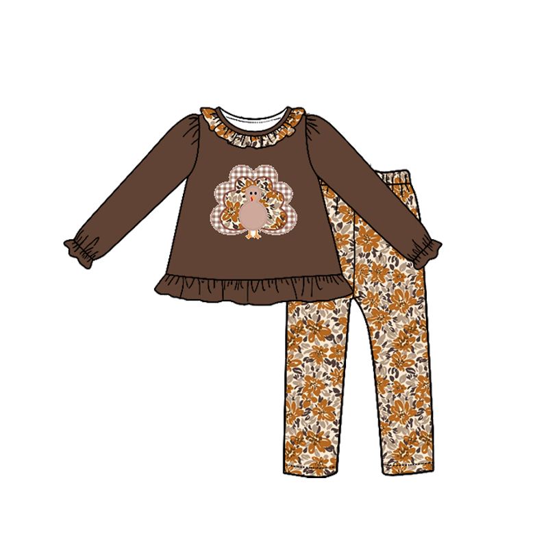 ( Moq 5 ) Preorder Baby Girls Kids Long Sleeves turkey Tunic Flower Pants Thanksgiving Set Clothes