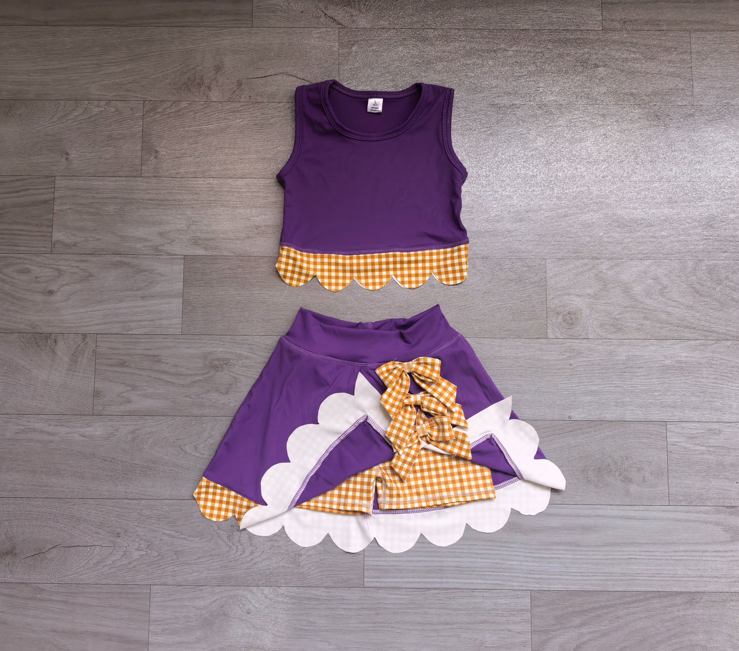 ( No moq ) Preorder Baby Girls Kids Purple Vest Plaid Bows Scallop Bows Skirt Shorts Yoga Active Set Clothes