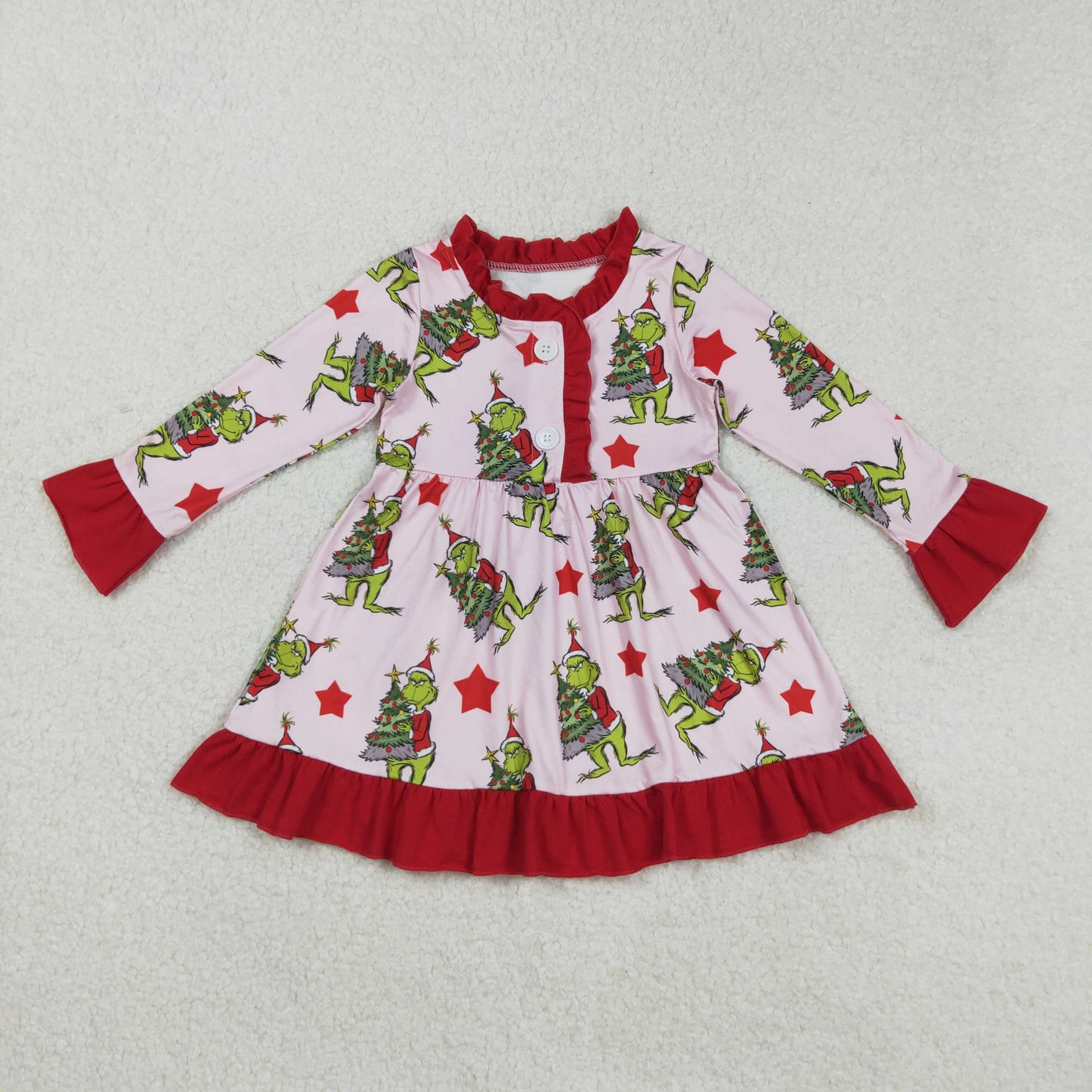 Girls Kids Green Face Stars Sibling Christmas Pajamas Dress Zipper Footie Romper Set Pink Clothes RTS