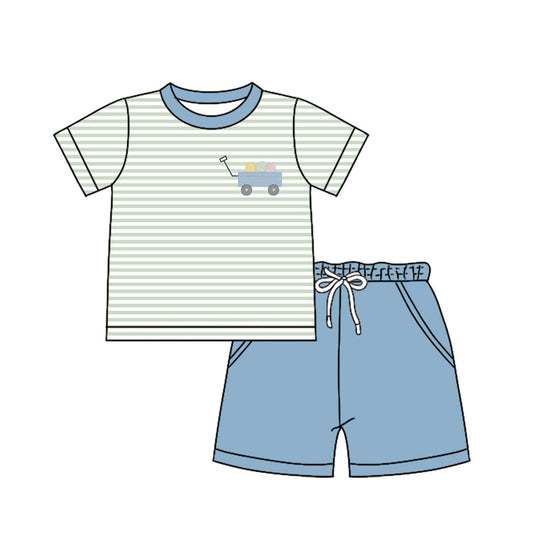 Baby Boy Short Sleeves Easter Egg Truck Stripes Shirt Pockets Shorts Clothes Set Moq 5