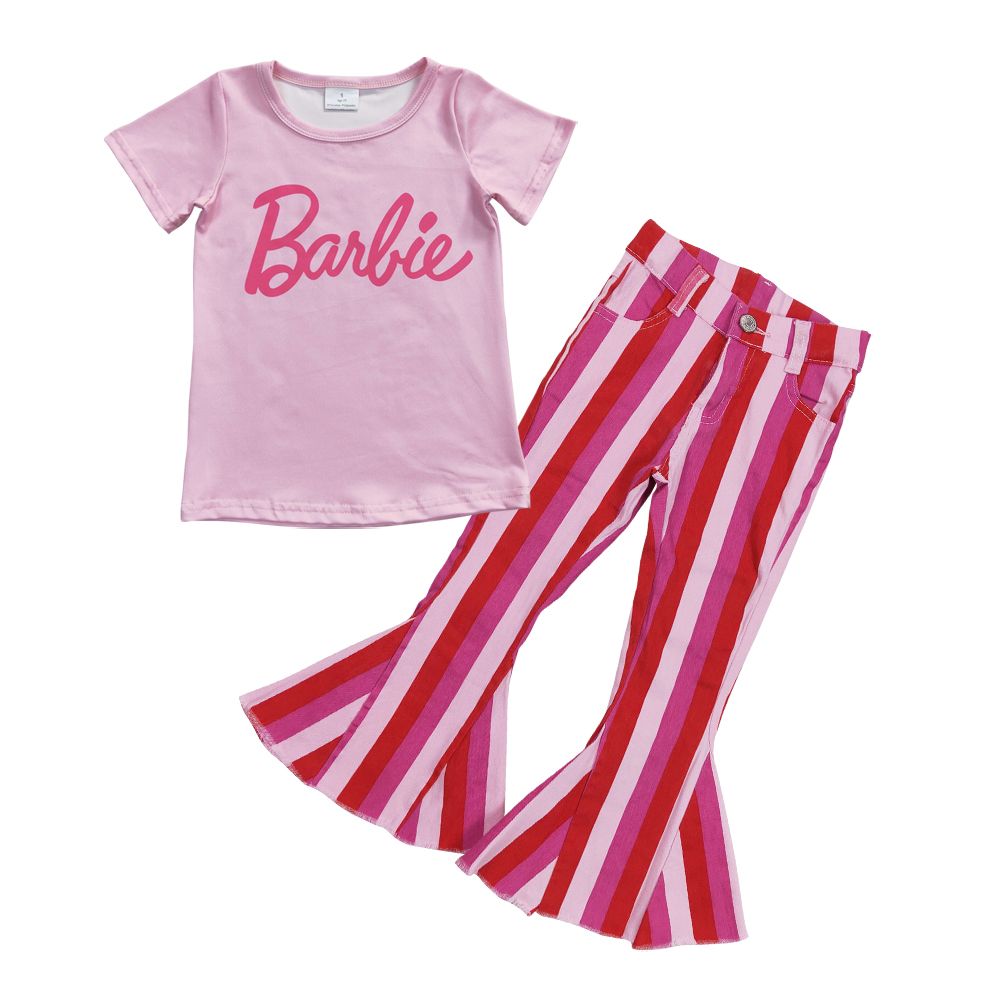 Baby Girl Pink Shirt Stripes Denim Pants Jeans Outfit