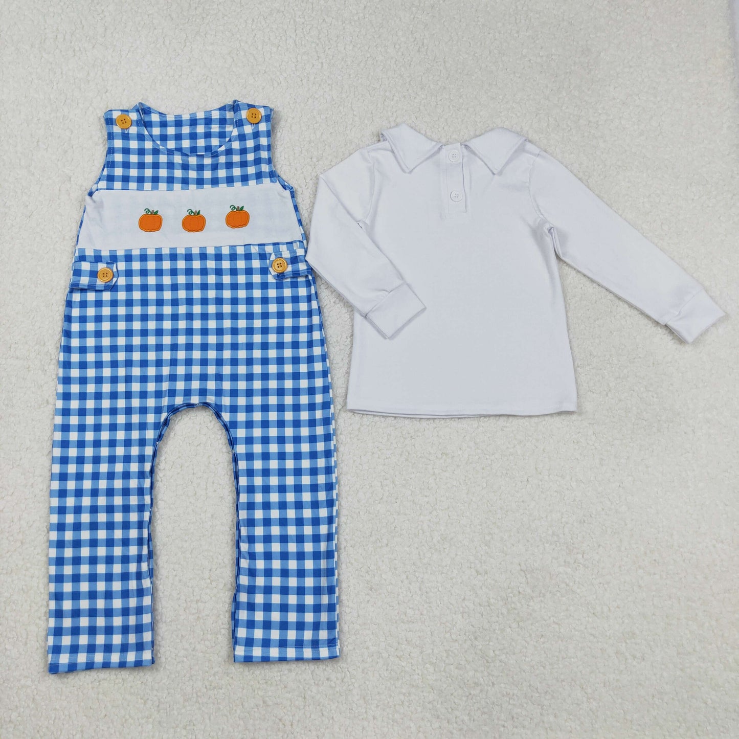 Baby Boy Infant White Shirt Embroidery Pumpkins Blue Plaid Romper Clothes Thanksgiving Fall Set RTS