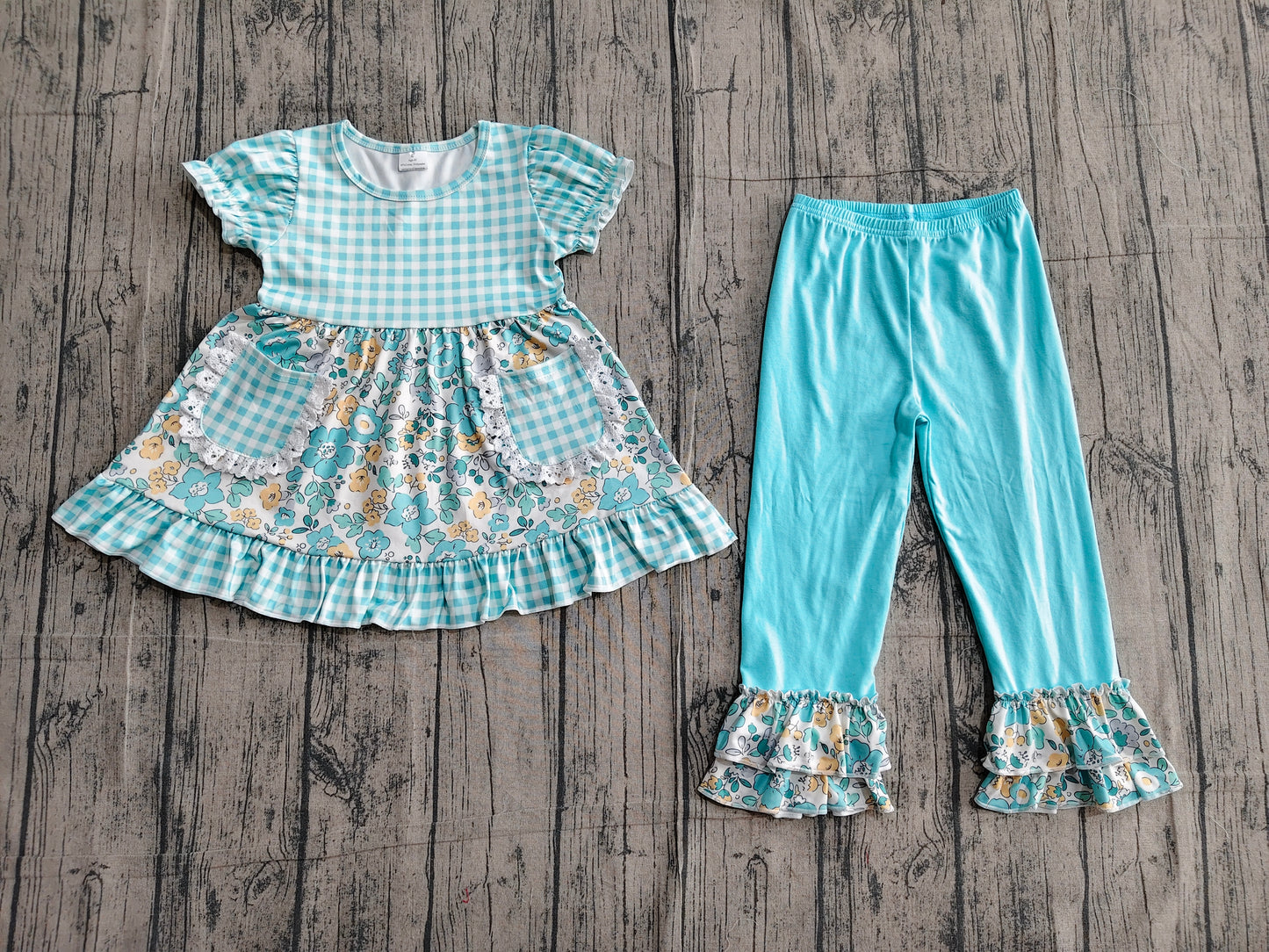 Baby Girls Kids Short Sleeves Flower Pockets Plaid Tunic Ruffle Blue Pants Clothes Set RTS