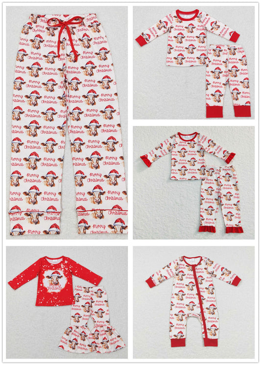Sibling Baby Boys Girls Merry Christmas Hats Cows Farm Pant Pajamas Clothes Sets Rompers
