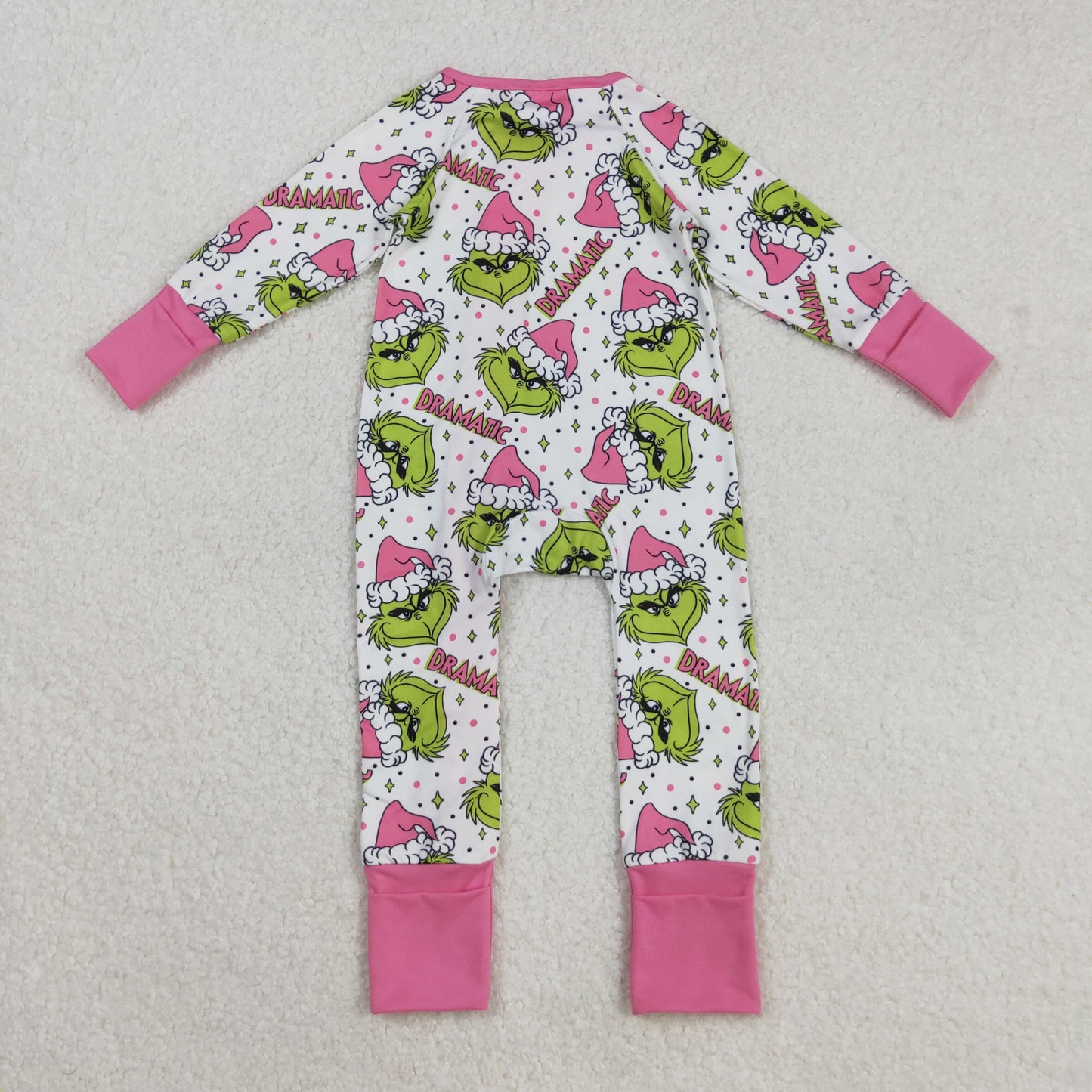 Baby Girl Long Sleeves Green Face Christmas Pink Ruffle Zipper Romper RTS