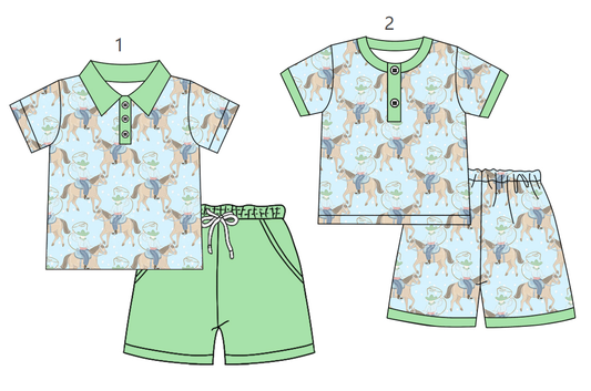 ( Moq 5 Each Style ) Sibling Baby Boys Kids Short Sleeves Horse Shirts Shorts Green Sets Summer Clothes