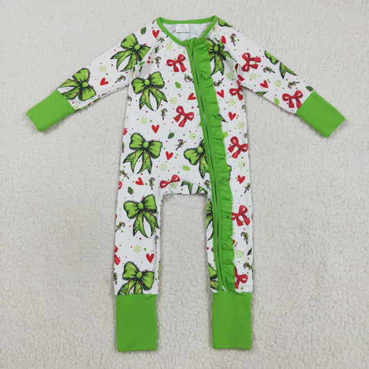 Baby Girl Infant Long Sleeves Red Green Bows Candy Christmas Ruffle Zipper Romper