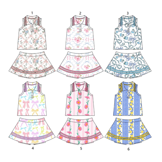 ( Moq 5 Each Style ) Baby Girl Sleeveless Bows Flower Buttons Tops Skorts Sibling Set 3.27