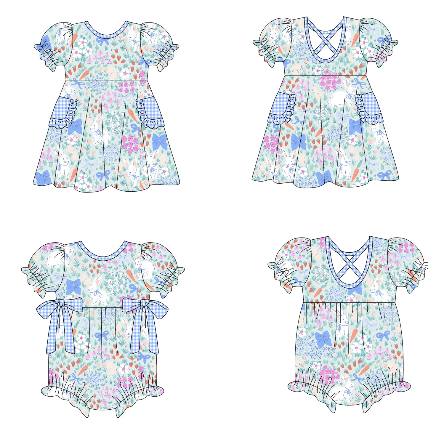 ( Moq 5 Each Style ) Girls Kids Short Sleeves Bows Carrots Rabbits Easter Sibling Romper Dress