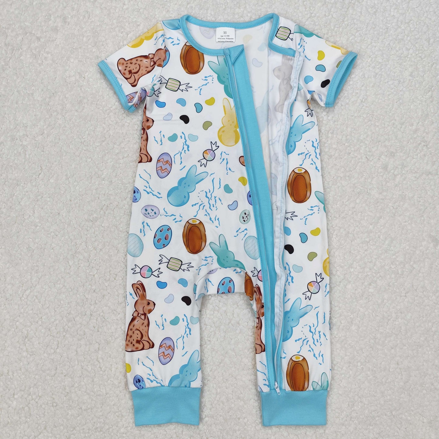 Baby Boy Infant Short Sleeves Easter Rabbits Zipper Blue Romper