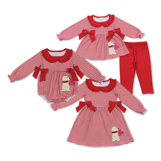 Baby Girl Valentines Embroidered Dogs Hearts Red Stripes Sibling Romper Dress Clothes Set