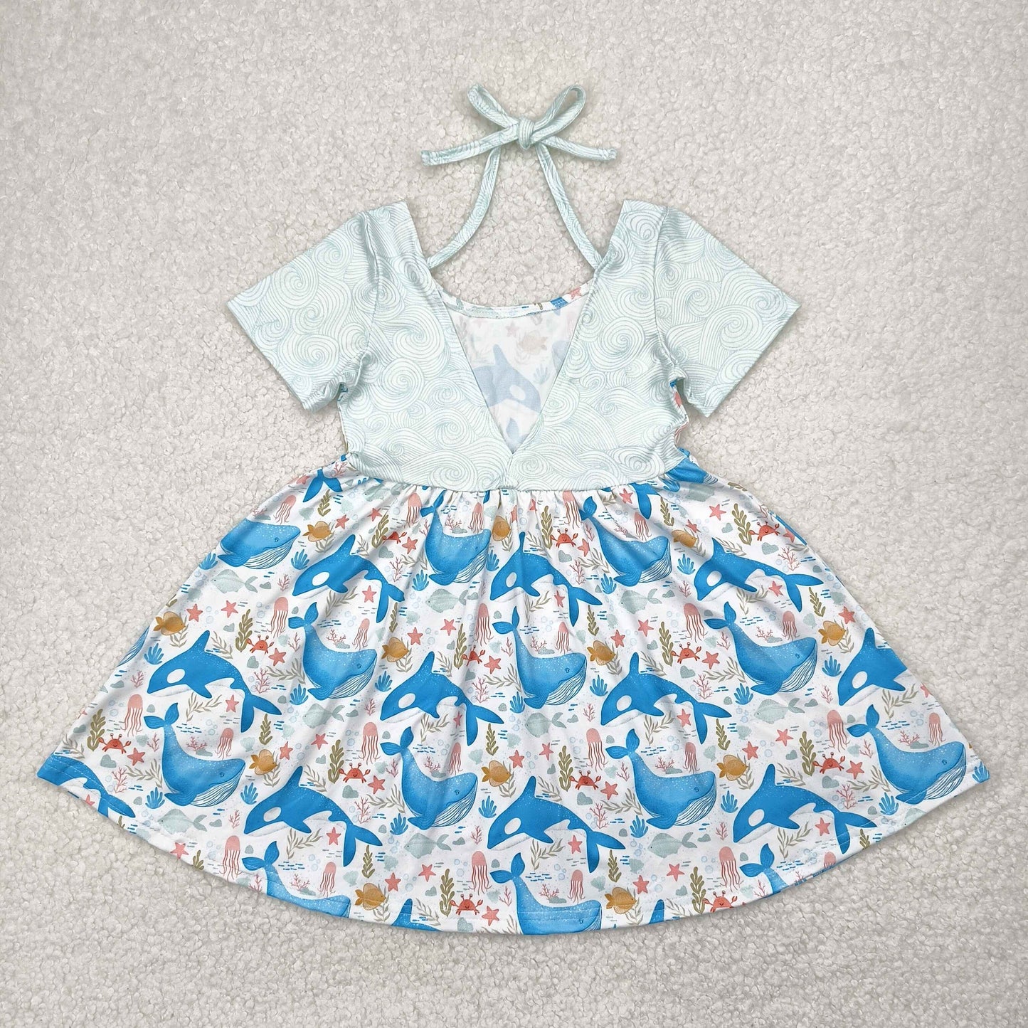 Baby Girl Short Sleeve Whale Knee Length Blue Dress RTS